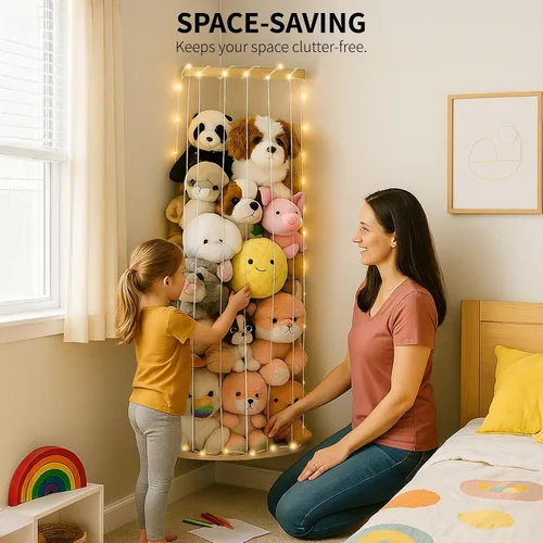 Vista 6 de PUTSKA Organizador colgante para muebles de guardería, almacenamiento de animales de peluche montado en la pared para la habitación del bebé, Liso