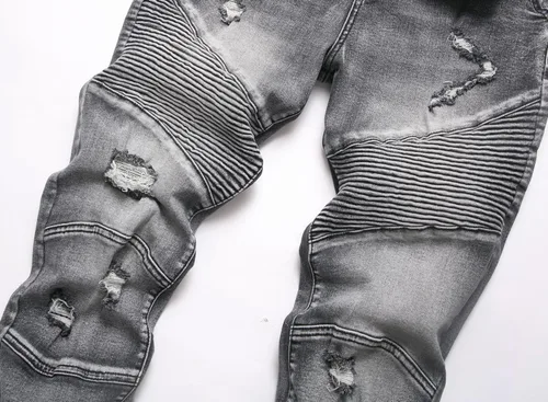 Vista 3 de XIMXIMMTIAN Jeans de mezclilla para hombre estilo motociclista, lavados, desgastados, ajustados y rectos