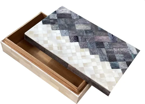 Vista 3 de Al-Hamd Handicraft Joyero con incrustaciones de hueso de mosaico de 8 x 5 x 2 pulgadas, organizador decorativo y caja de almacenamiento