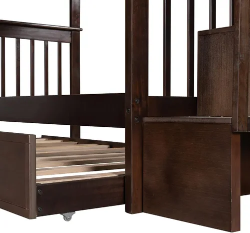 Vista 8 de Harper & Bright Designs Litera Individual sobre Individual con Escaleras y Cama Nido, Marco de Litera de Escalera de Madera Maciza con Espresso