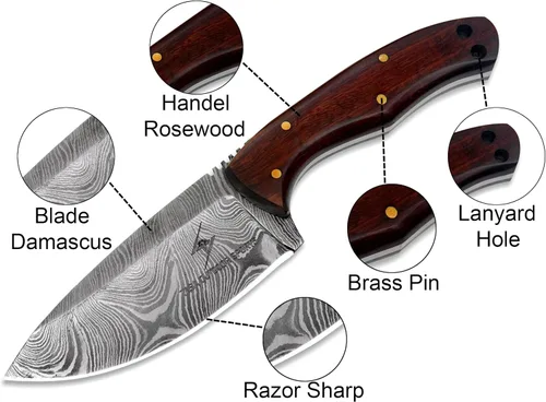 Vista 2 de Cuchillo de Acero de Damasco con Funda de Cuero – Cuchillo de Hoja Fija de Espiga Completa de 7.5" con Mango de Madera de Palisandro de 4