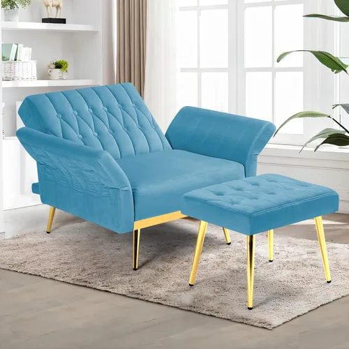 Vista 2 de Silla decorativa de terciopelo con respaldo y reposabrazos ajustables, sillón reclinable individual con otomana y patas mentales doradas para sala