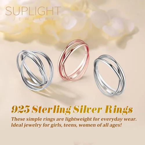 Vista 6 de Suplight Anillos entrelazados de plata de ley para mujer, anillo simple para ansiedad, anillos de polvo de estrellas lisos, anillo apilable