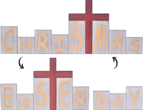 Vista 8 de Ovootok Letreros de Bloques de Madera de Navidad, Letrero de Mesa de Madera de Granja de Doble Cara, Decoraciones de Pascua de Escritorio Bandeja