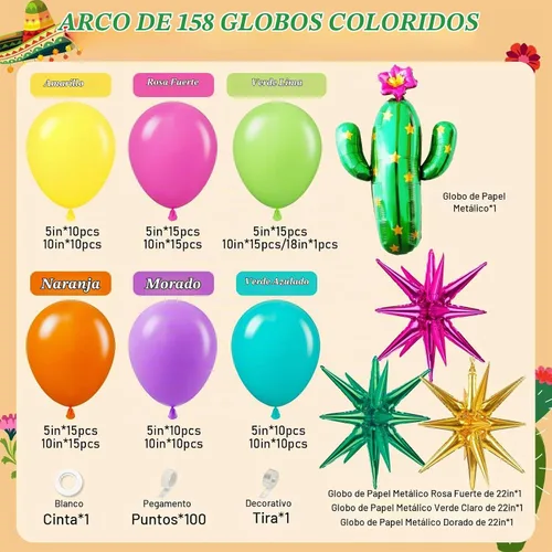 Vista 2 de Kit de guirnalda de globos de fiesta mexicana de 158 piezas con globos de aluminio amarillo, rosa intenso, lima, verde, naranja, morado, verde