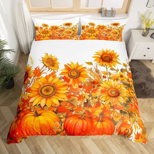 Vista 14 de Erosebridal Juego de funda de edredón individual de pavo de Acción de Gracias, juego de ropa de cama de calabaza y hojas de otoño para niños