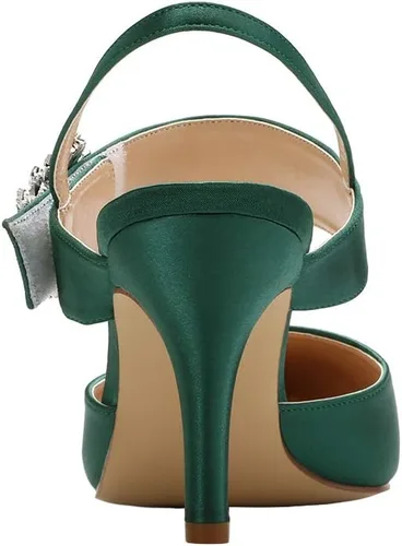 Vista 4 de ERIJUNOR Zapatos de tacón medio para mujer, con punta puntiaguda, broche de diamantes de imitación, zapatos de vestir de satén, zapatos de noche