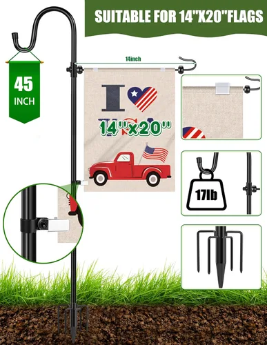 Vista 2 de Soporte para bandera de jardín con gancho de pastor para banderas de 14 x 20 pulgadas con 2 topes de resorte y 1 clip, soporte para banderas
