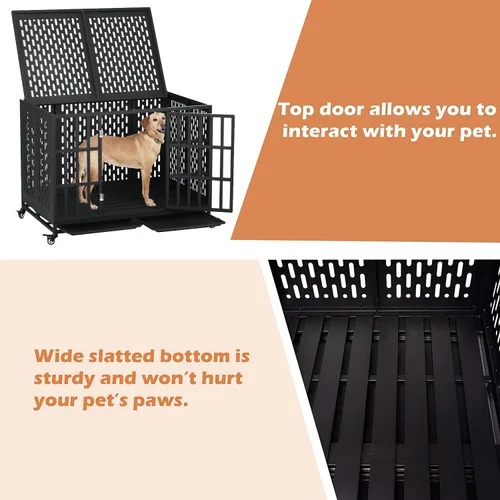 Vista 2 de Jaula indestructible para perros de 44 pulgadas, jaula de acero a prueba de mordeduras de alta ansiedad para perros medianos y grandes, doble puerta