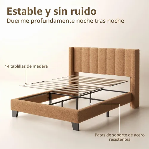 Vista 5 de Base de cama tamaño matrimonial con cabecero, marco de cama plataforma tapizado con cabecero de terciopelo tipo osito de peluche, soporte