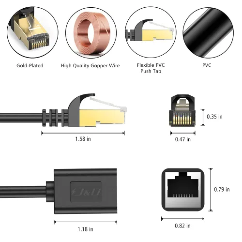 Vista 2 de J&D Cable de extensión Ethernet, adaptador de cable extensor Ethernet Cat 6 (2 pies) compatible con estándares Cat6 / Cat5e / Cat5, cables RJ45