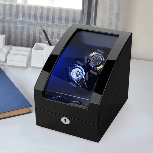 Vista 6 de TRIPLE TREE Bobinadora de reloj doble + 3 almohadas de reloj de cuero suave LED automáticos, caja de bobinado de madera con carcasa de madera