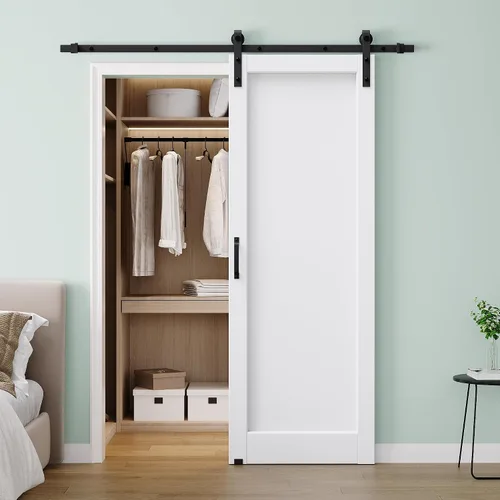 Vista 32 de 30"x84" 1-Lite Double Side Mirror Barn Door Slab with 6FT Track Kit, Handle White / 1-Lite Double Side Mirror
