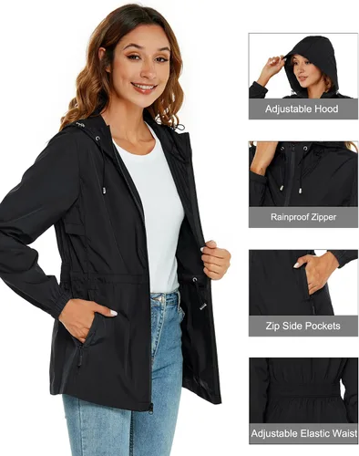 Vista 2 de Avoogue Chaqueta impermeable para mujer, ligera, plegable, con capucha, rompevientos con bolsillo activo