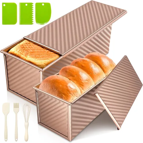 Vista 9 de Paquete de 2 moldes para pan con tapas – Capacidad de masa de 2.2 libras y 1 libra, moldes para pan de acero al carbono antiadherentes para pan