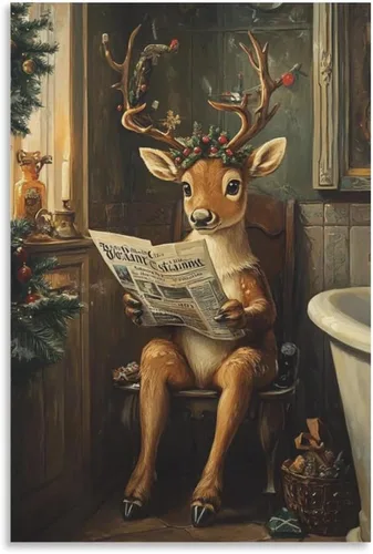 Vista 9 de Arte De Pared En Lienzo Vintage De Reno Navideño, Impresiones De Imágenes De Renos, Alces Sentados En El Inodoro, Pintura De Invierno, Póster Para