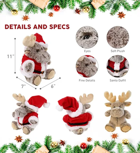 Vista 3 de DolliBu Peluche de alce de Papá Noel, disfraz de animal salvaje súper suave con traje de Papá Noel rojo, lindo regalo de vida silvestre, vacaciones