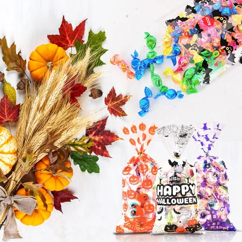 Vista 4 de AhfuLife 200 bolsas de celofán de Halloween, 8 diseños de bolsas de dulces transparentes de Halloween con lazos giratorios para golosinas o tratos