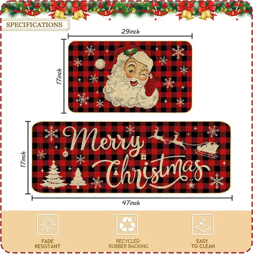 Vista 2 de Juego de 2 tapetes de cocina de Navidad, copos de nieve y Papá Noel, alfombras de cocina antideslizantes para fiestas de vacaciones y decoración