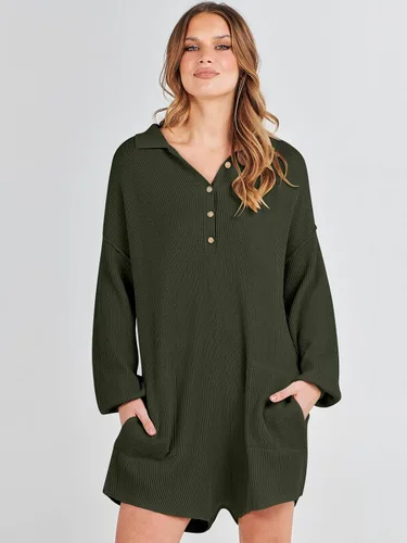 Vista 3 de ANRABESS Enterizo de suéter para mujer, trajes de otoño 2023, a la moda, largo, Henley, cuello en V, overol de punto para descansar