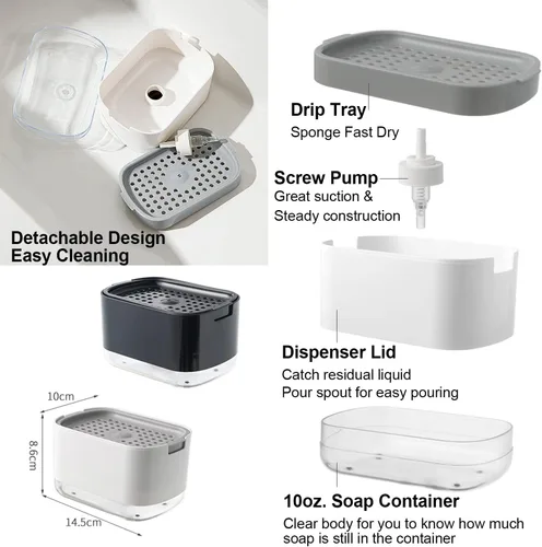 Vista 3 de Dispensador de jabón para platos de 10 onzas para fregadero de cocina con soporte de esponja, dispensador de jabón de cocina de calidad premium
