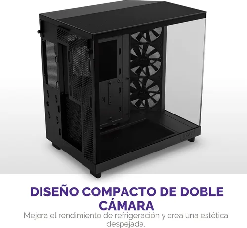 Vista 3 de NZXT H6 Flow CC-H61FB-01 Carcasa compacta de doble cámara de torre media con flujo de aire Paneles de vidrio panorámicos Paneles de flujo