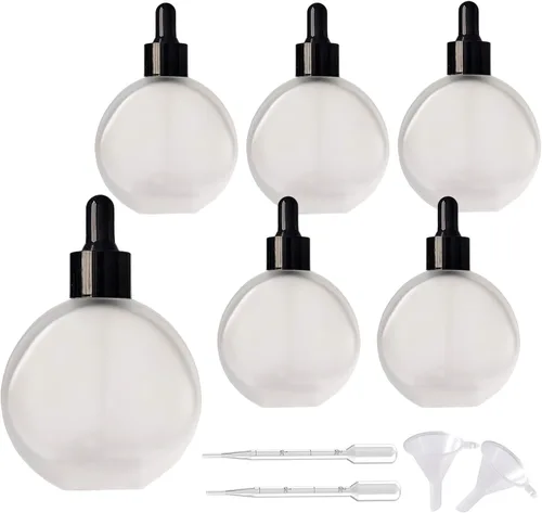 Vista 11 de Botellas transparentes con cuentagotas de 2 onzas, 6 botellas de vidrio plano redondas transparentes con cuentagotas para ojos, para sueros de Negro
