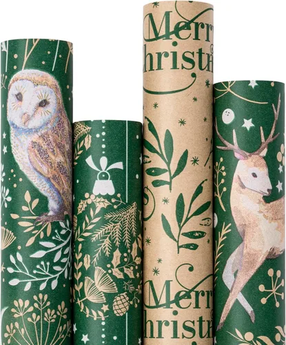 Vista 18 de RUSPEPA Papel de regalo de Navidad, papel kraft – reno, rayas y copos de nieve en diseño azul – 4 rollos – 30 pulgadas x 10 pies por rollo