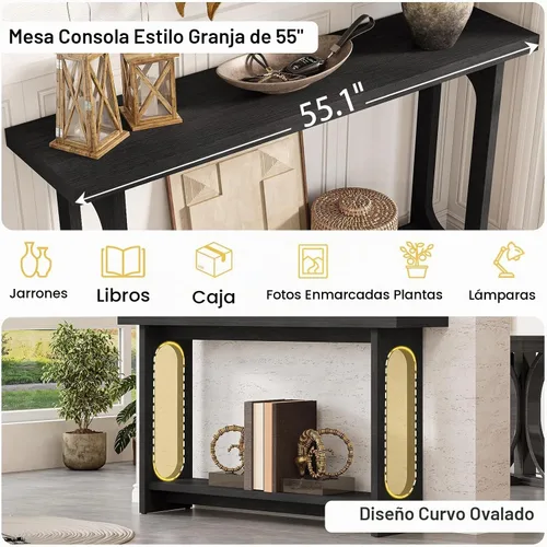 Vista 5 de Mesa consola negra, mesa de entrada de madera de 55 pulgadas, mesas estrechas para sofá, mesas de pasillo para sala de estar, entrada, vestíbulo