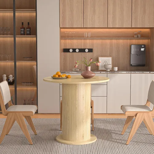Vista 9 de Mesa de comedor redonda de 59 pulgadas para 6, moderna mesa de cocina de granja, mesas de comedor circulares con base de tira de madera para cocina