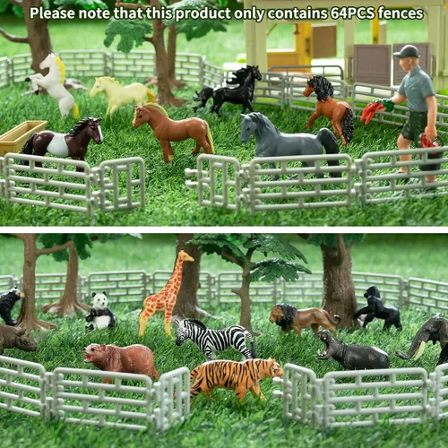 Vista 3 de Toymany 64 piezas de mini vallas de juguete para animales de granja, pequeños caballos de corral, cercado de plástico para granja, granero, paddock