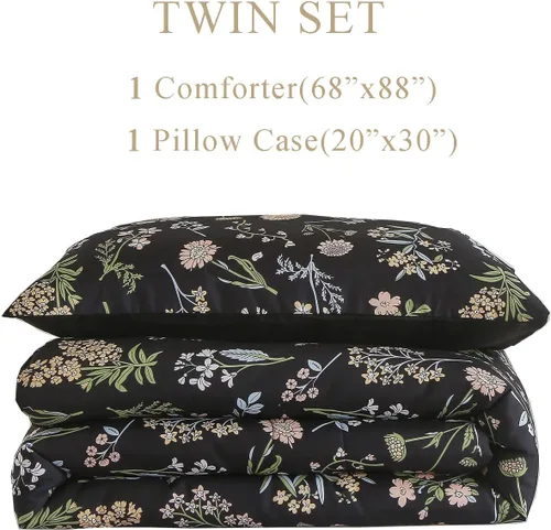 Vista 2 de Juego de edredón floral tamaño Twin, edredón negro estampado de hojas de flores botánicas amarillas y verdes para niños, adolescentes y mujeres