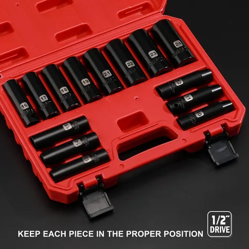 Vista 5 de EMENTOL Juego de llaves de vaso de impacto profundo de 1/2", métricas, 6 puntos, CR-V, 14 piezas de 1/2 pulgada Dr. Deep Socket Set, 0.394 in