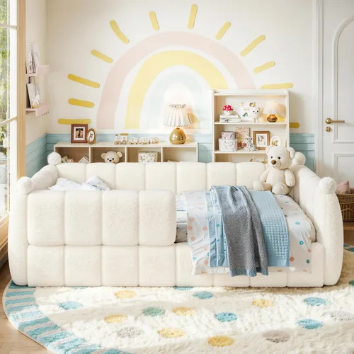 Vista 3 de Cama de suelo tapizada con valla, cama de piso tamaño individual con Beige