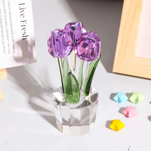 Vista 7 de YWHL Flor de tulipanes de cristal hecha a mano, regalos de tulipanes para mujeres, ramo de cristal, figuras coleccionables, adornos para decoración
