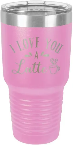 Vista 10 de Taza de viaje de acero con recubrimiento de polvo grabado con láser, con texto en inglés "I Love You A LATTE Engraved Tumbler", sin BPA