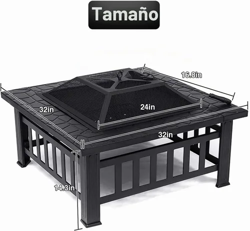 Vista 6 de Fogata de leña de 32 pulgadas, cuadrada de metal, para exteriores, parrilla de barbacoa de acero, cuenco con cubierta de pantalla de chispas
