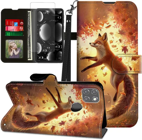 Vista 21 de Funda para Motorola Edge 2022 con protector de pantalla, soporte y tarjetero y correa para la muñeca, funda magnética para Moto Edge 2022 5G UW Lobo