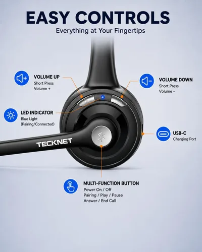 Vista 8 de TECKNET - Auriculares Bluetooth, auriculares inalámbricos con micrófono de cancelación de ruido para camionero, auriculares Bluetooth sobre la oreja