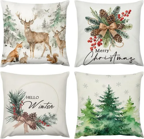 Vista 15 de Juego de 4 fundas de almohada decorativas de árbol de Navidad con estampado de ambos lados, 16 x 16 pulgadas, fundas de almohada de bosque