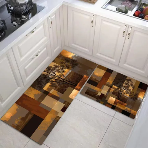 Vista 3 de Kitchen Mats for Floor 2 Piece Set Retro Sunset Forest Non Slip Kitchen Rugs Washable Abstract Geometry Floor Mats Rust Brown Area Rug Runner for