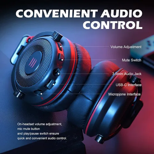 Vista 7 de EKSA Auriculares estéreo para juegos para PS4 PC Xbox One Controller cancelación de ruido sobre auriculares con micrófono luz LED graves alrededor