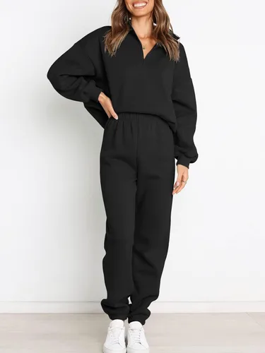 Vista 2 de Prinbara Conjunto de sudadera de manga larga con media cremallera para mujer, conjunto de 2 piezas con bolsillos