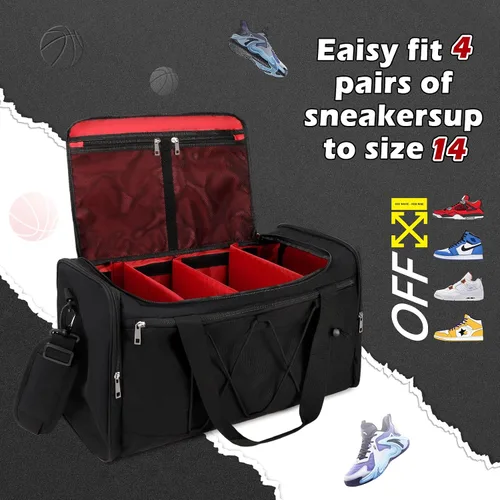 Vista 3 de Bolsa de deporte para viajes, deportes al aire libre, bolsa de zapatos para 4 pares de tenis hasta la talla 14, bolsa de viaje con 3 divisores