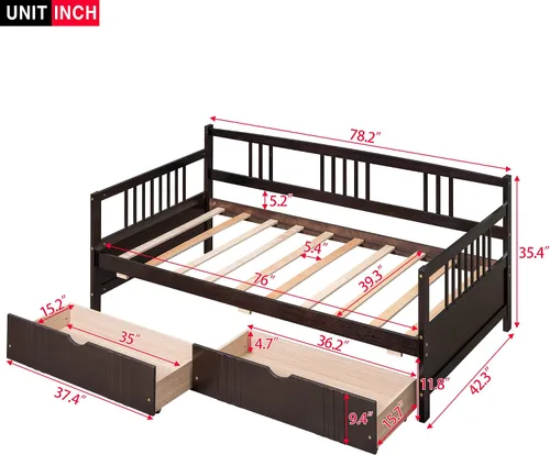 Vista 2 de Polibi Sofá cama de tamaño individual con dos cajones, marco de sofá cama de madera con rieles para sala de estar, dormitorio, color espresso