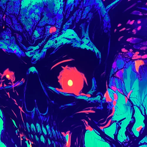 Vista 5 de SparkLia Tapiz de calavera de fuego con luz negra, esqueleto ardiente reactivo a los rayos UV, para colgar en la pared, brilla en la oscuridad