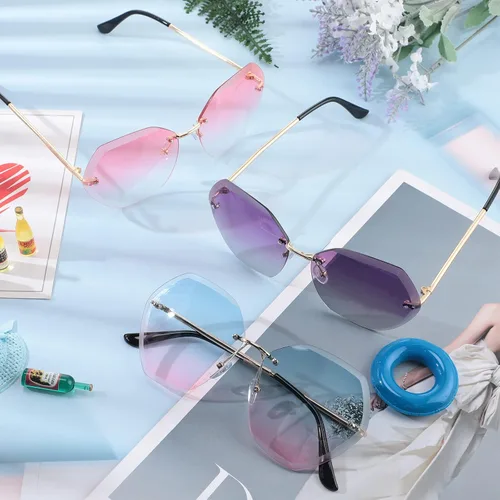 Vista 7 de Xuhal 20 gafas de sol sin montura para mujer, lentes de corte de diamante, gafas de sol de gran tamaño, gafas de sol discoteca