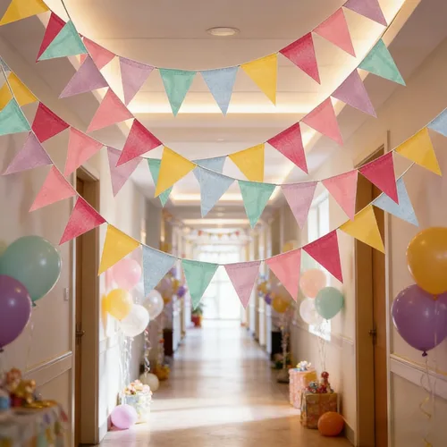 Vista 2 de ToBeIT Banderas triangulares colgantes de arpillera de imitación de tela multicolor triángulo banderines para fiestas y festivales colgantes