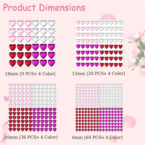 Vista 6 de REDANHA 516 calcomanías de corazón de diamantes de imitación acrílicas, autoadhesivas, gemas de corazón, rojo, rosa, transparente, rosa, rojo