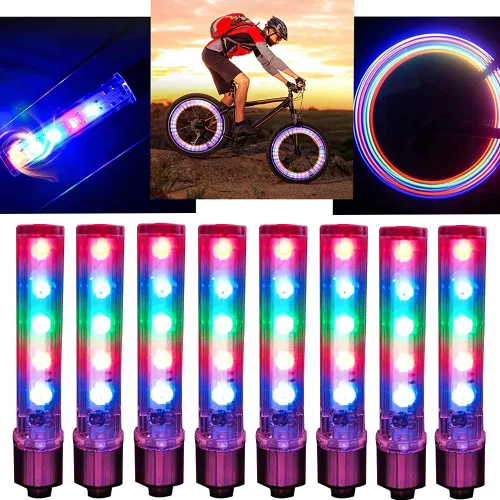 Vista 7 de 8 unids 5 LED bicicleta neumático neumático rueda válvula lámpara intermitente bicicleta rueda luz bicicleta tapa luces bicicleta radios luces noche